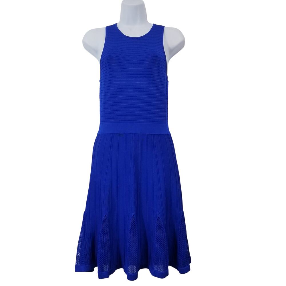Trina Turk Royal Blue Knit Mesh Fit & Flare Dress Sleeveless